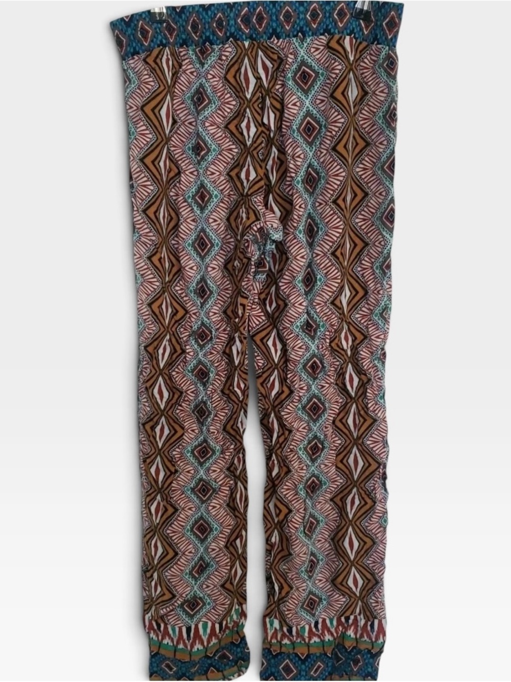 BeBop Wide Leg Pants Brown Teal Pink Geometric Print